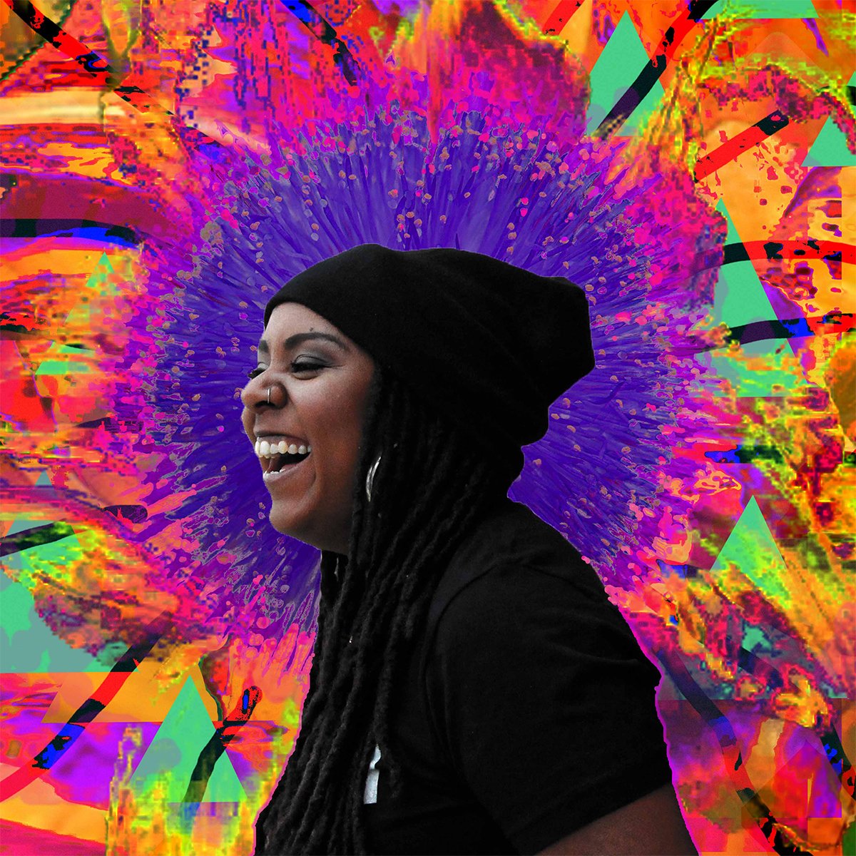 image of ruby laughing from a profile view with a colourful background and purple sun crowning her.